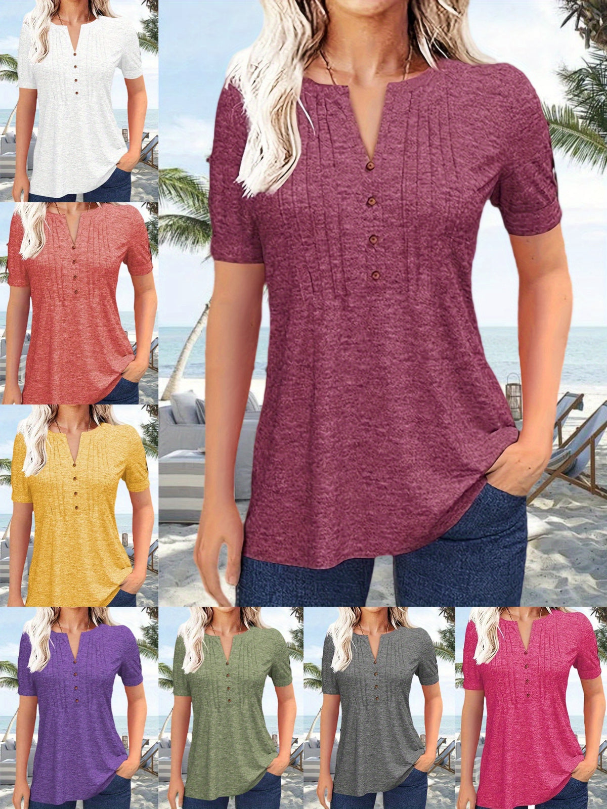V-Neck Pleated Blouse Women Short Sleeve Button-Up Solid Color Summer Casual Flowy Top S-XL