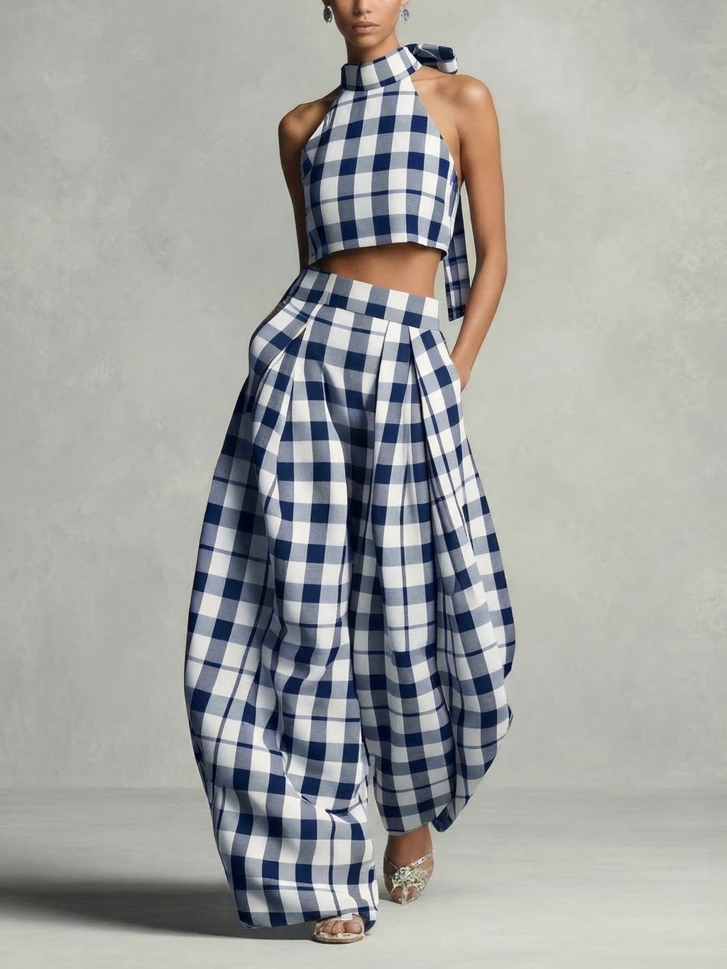 Plaid Halter Crop Top Wide-Leg Lantern Pants 2pcs Set Women Retro Elegant Date Dinner Party Chic Outfit Black White Blue Spring Summer S-XXL