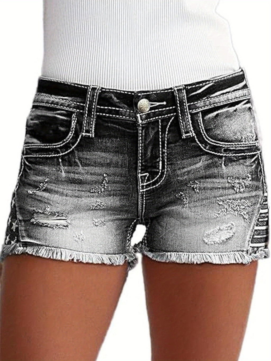 Women's Ripped Black Denim Shorts Mid-Rise Frayed Hem Distressed Casual Summer Jean Shorts | Mira Roam