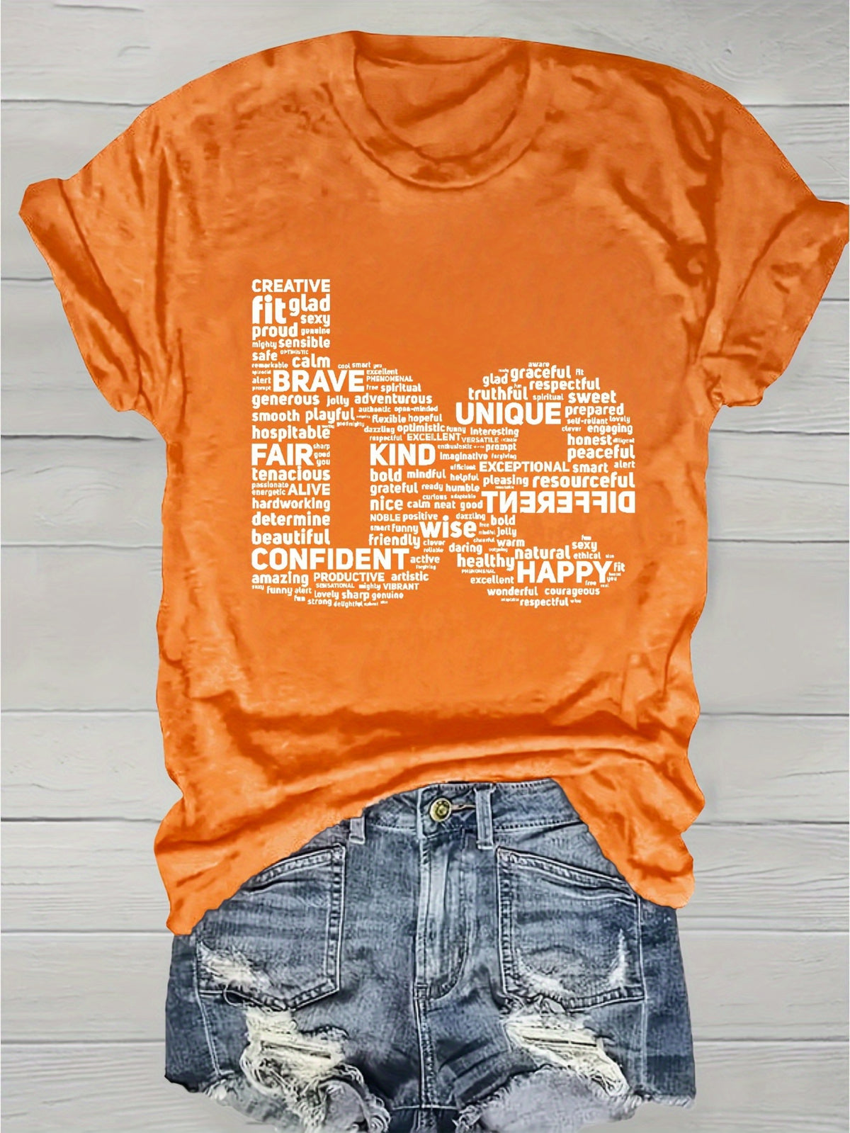 Inspirational Word Cloud Print T-Shirt Women Round Neck Short Sleeve Light Grey Positive Affirmation Casual Tee Spring Summer S-XXL