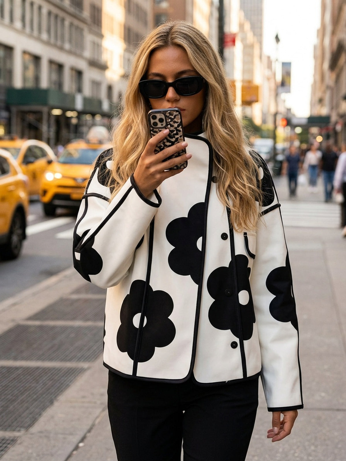 Floral Print Stand Collar Jacket for Women, Long Sleeve Contrast Color Loose Coat, Vintage Office Casual Fashion Outerwear for Spring Fall Winter, Black White