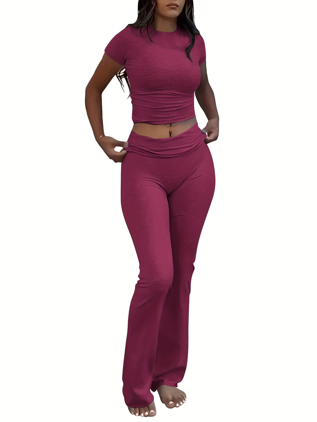 Women's Solid Color 2 Piece Set Short Sleeve Crew Neck T-Shirt & Skinny Flared Leg Pants Casual Matching Outfit