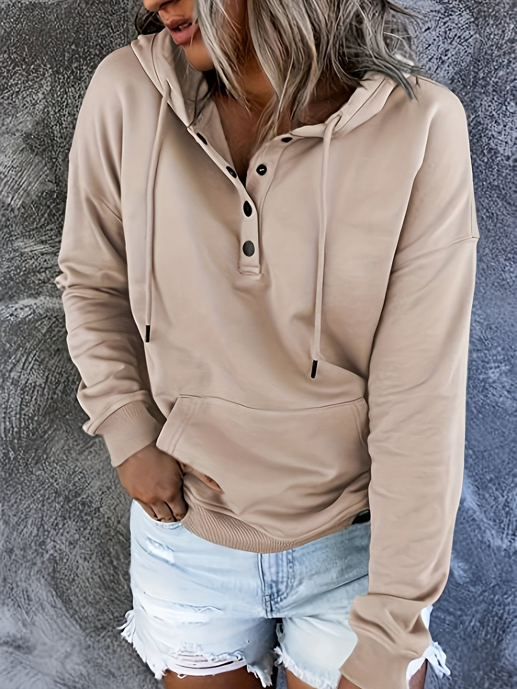 Women Oversized Button Hoodie Sweatshirt Long Sleeve Kangaroo Pocket Ribbed Cuff Casual Pullover Black Grey Burgundy Apricot S-XXL