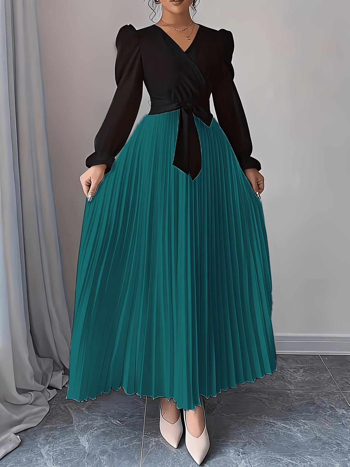 V-Neck Bubble Sleeve French Elegant Dress Women Pleated Ruffle Hem Belt Waist Cocktail Party Maxi Dress Spring Summer Formal Evening Wear Multi-Color S-XXL