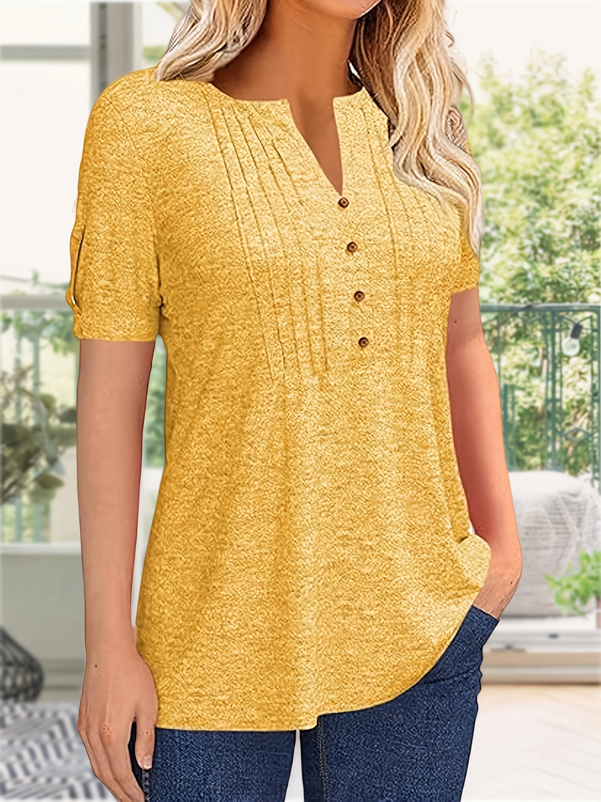 Button Front V-Neck Top Women Pleated Detail Short Sleeve Solid Color Casual Summer Blouse Lightweight Breathable Machine Washable
