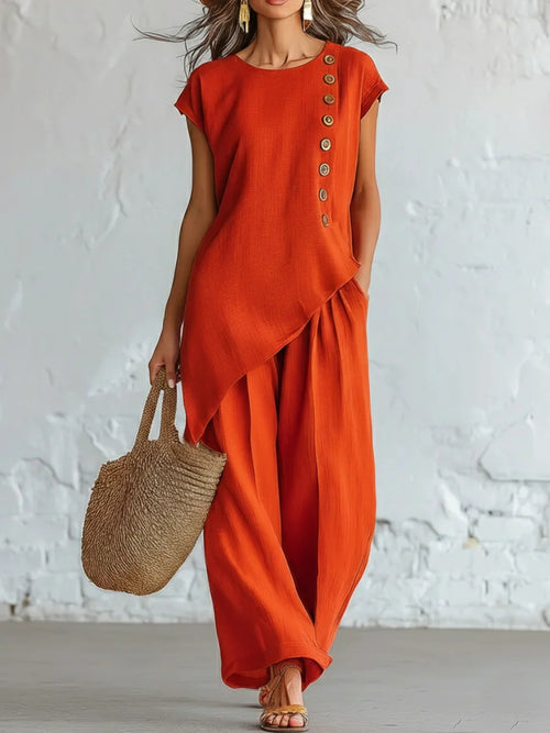 Asymmetrical Hem Button Top & Wide Leg Pants 2 Piece Set Women Long Sleeve Solid Color Daily Vacation Outfit Spring Fall 100% Polyester Smooth