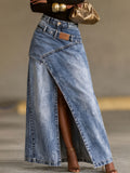 High Waist Split Denim Maxi Skirt Women Patchwork Label Detail Long Jean Skirt Casual Vacation Daily Wear