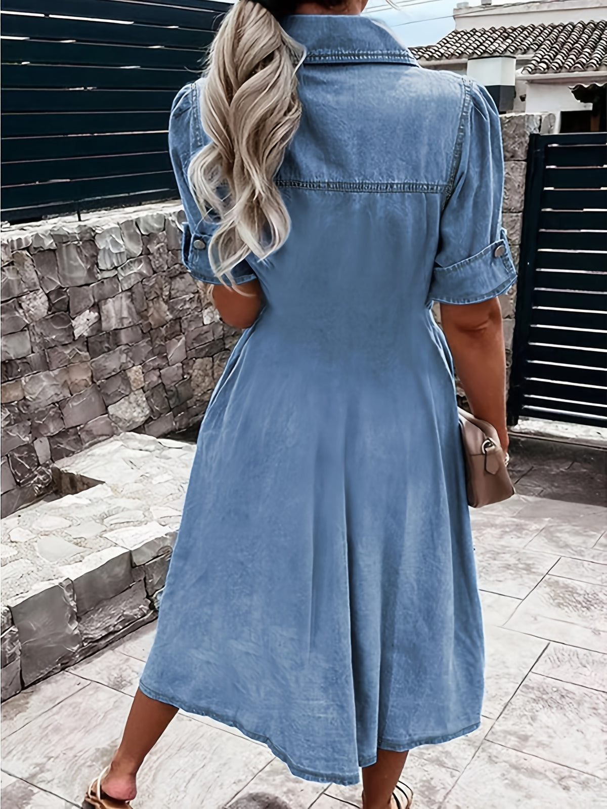Women's A-Line Denim Jean Dress V-Neck Button Front with Pockets Casual Waist Fitted Shirt Dress Blue Dark Blue Medium Blue S-XXL