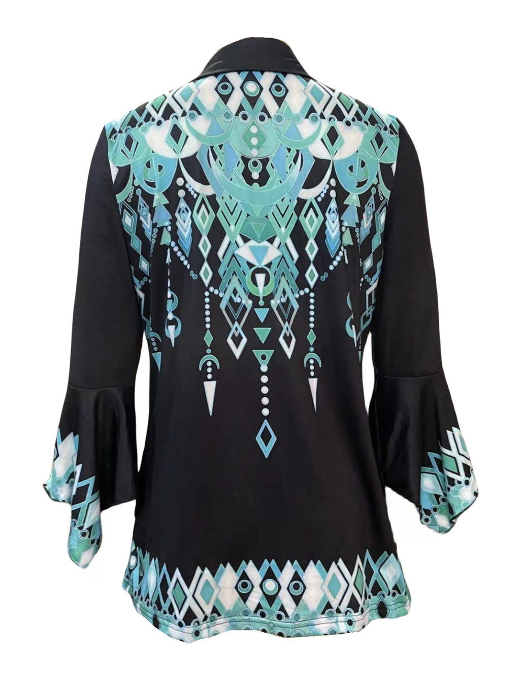 Green Printed Lapel Women Blouse Irregular Three Quarter Sleeve Button Top Casual Stretch Knit Spring Fall Shirt