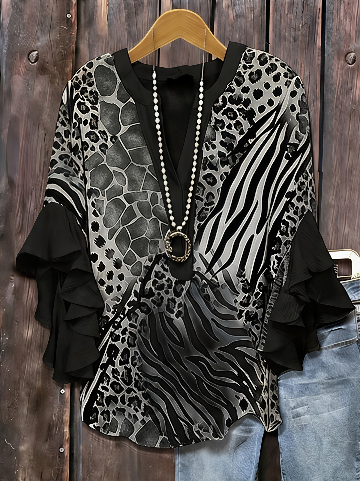 Animal Print Ruffle Sleeve Tunic Top Women V-Neck Long Blouse Three Quarter Patchwork Loose Fit Casual Daily Commute Date Night 95% Polyester