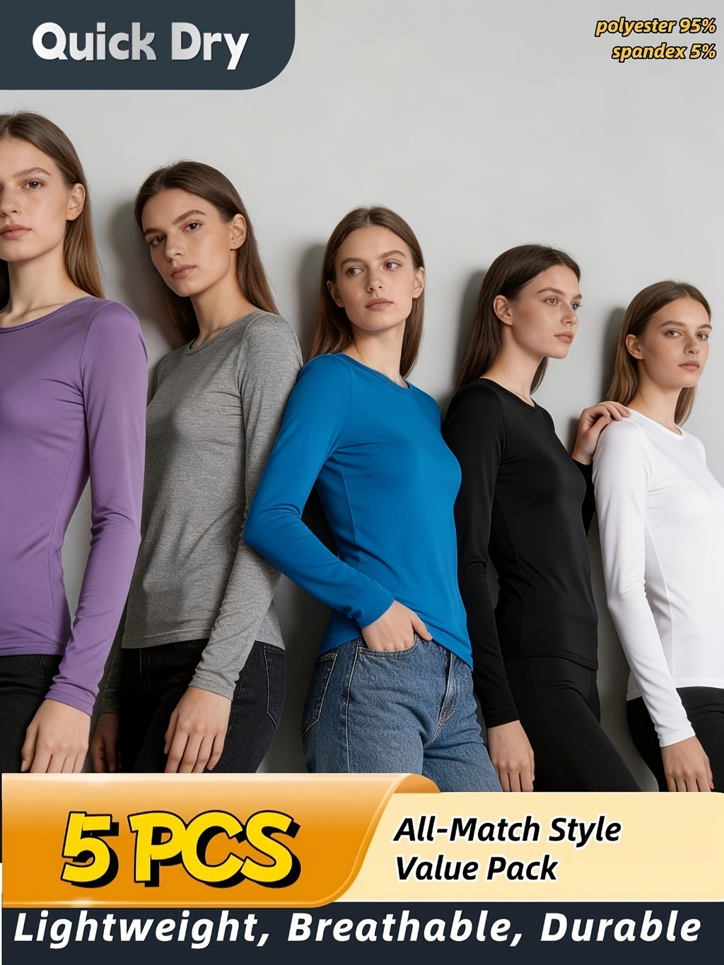 5-Pack Long Sleeve Women T-Shirts V-Neck Moisture-Wicking Breathable High Stretch Outdoor Solid Color Top Four Seasons Assorted Colors