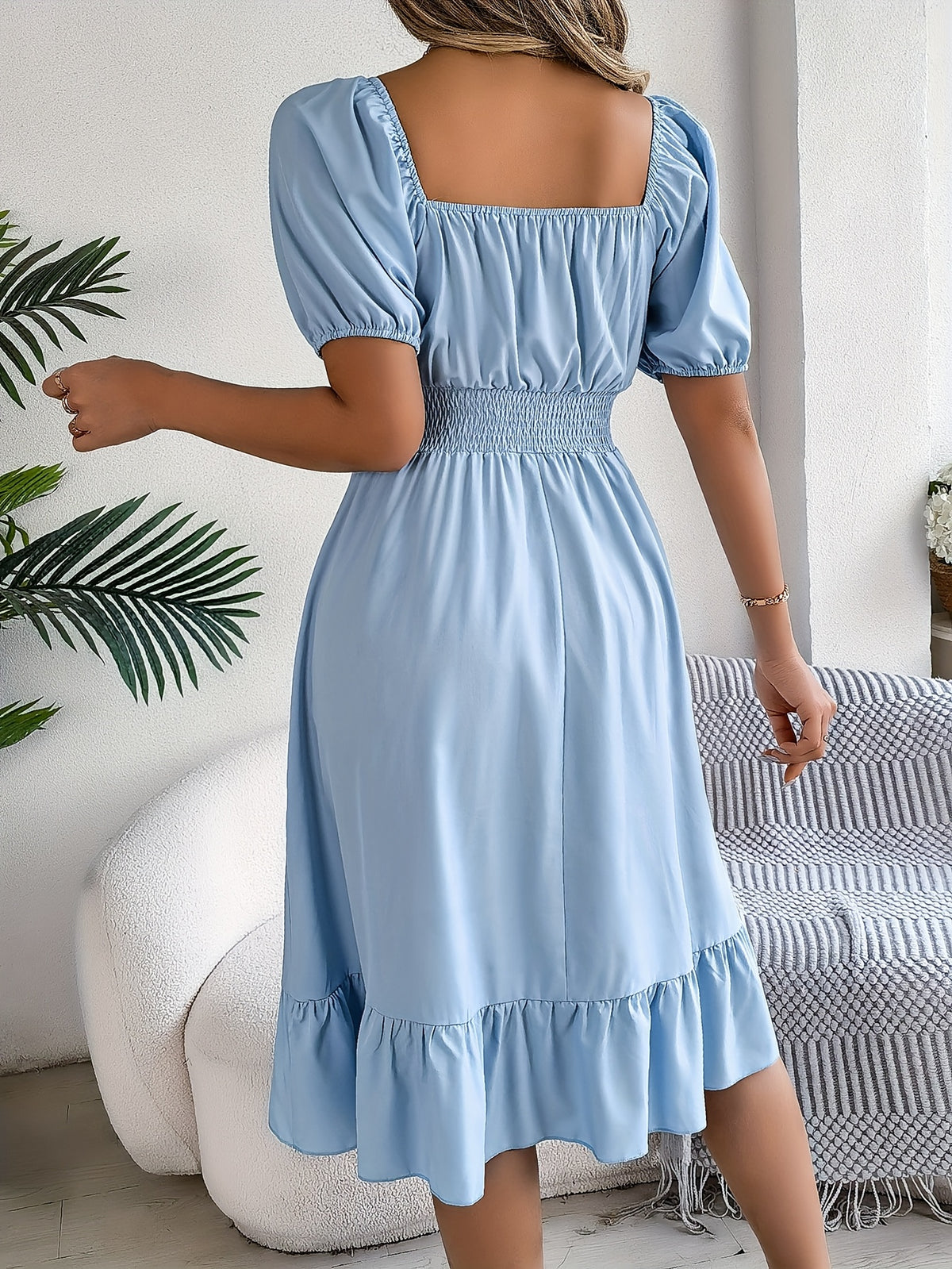 Women's Square Neck Puff Sleeve A-Line Dress Spring Summer Fit Flare Casual Sky Blue S-XL Polyester Elastane