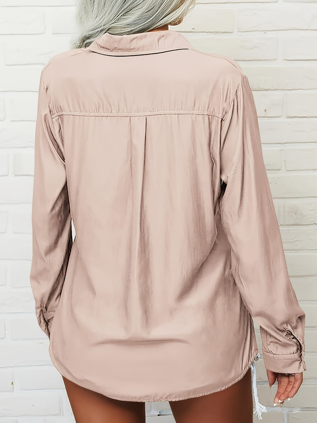 Women's V-Neck Button Down Blouse Slim Fit Lapel Collar Long Sleeve Work Shirt with Chest Pocket Roll-Up Cuffs