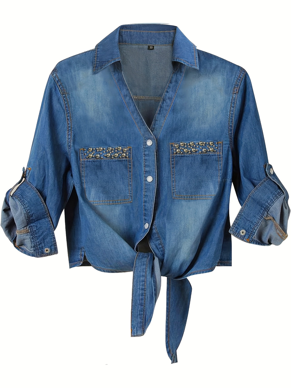 Women's Roll-Up 3/4 Sleeve Tie Front Knot Shirt Chambray Denim Crop Top Button Detail White Blue XS-XXL