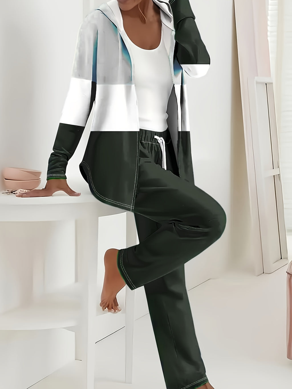 Color Block Hooded Cardigan Wide Leg Pants Lounge Set Women Casual Home Weekend Tracksuit Outfit S-XXL
