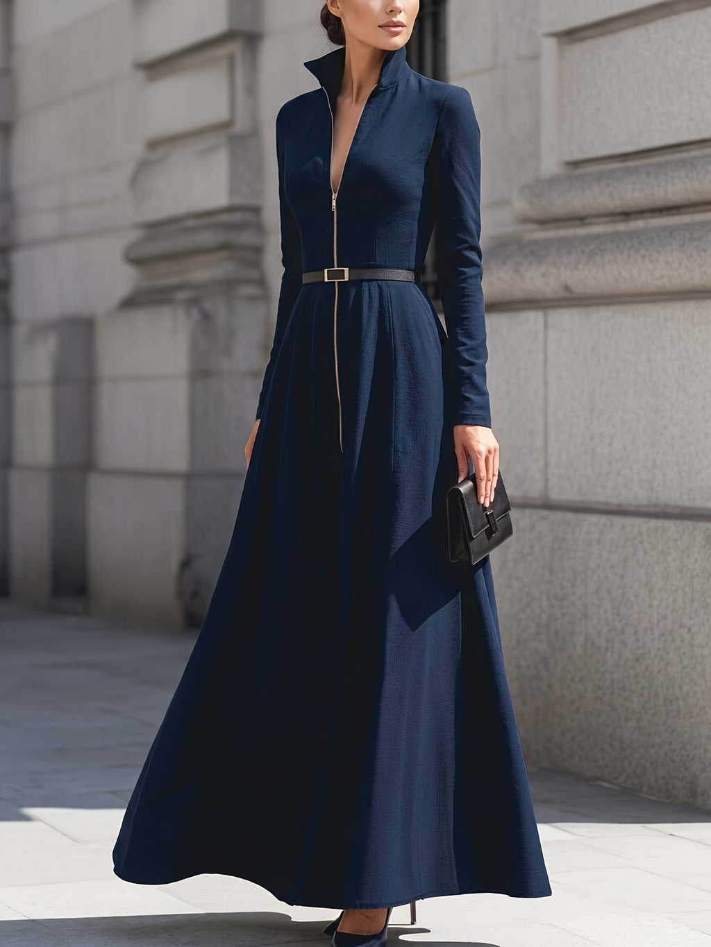 Elegant Mermaid Flared Dress for Women Long Sleeve Lapel Waist Cinching Belt Zipper Formal Evening Dress Autumn Party Dinner Wedding Guest