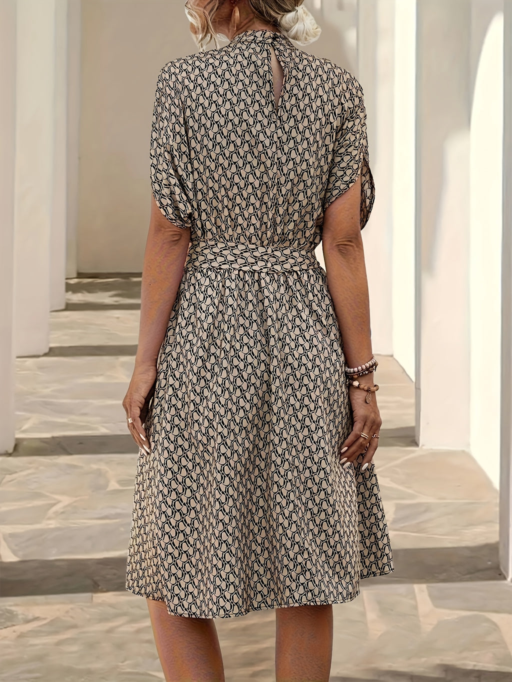 Women's Print Tent Dress Round Neck Tie Belt Short Sleeve Casual Spring Summer Knee Length S-XL