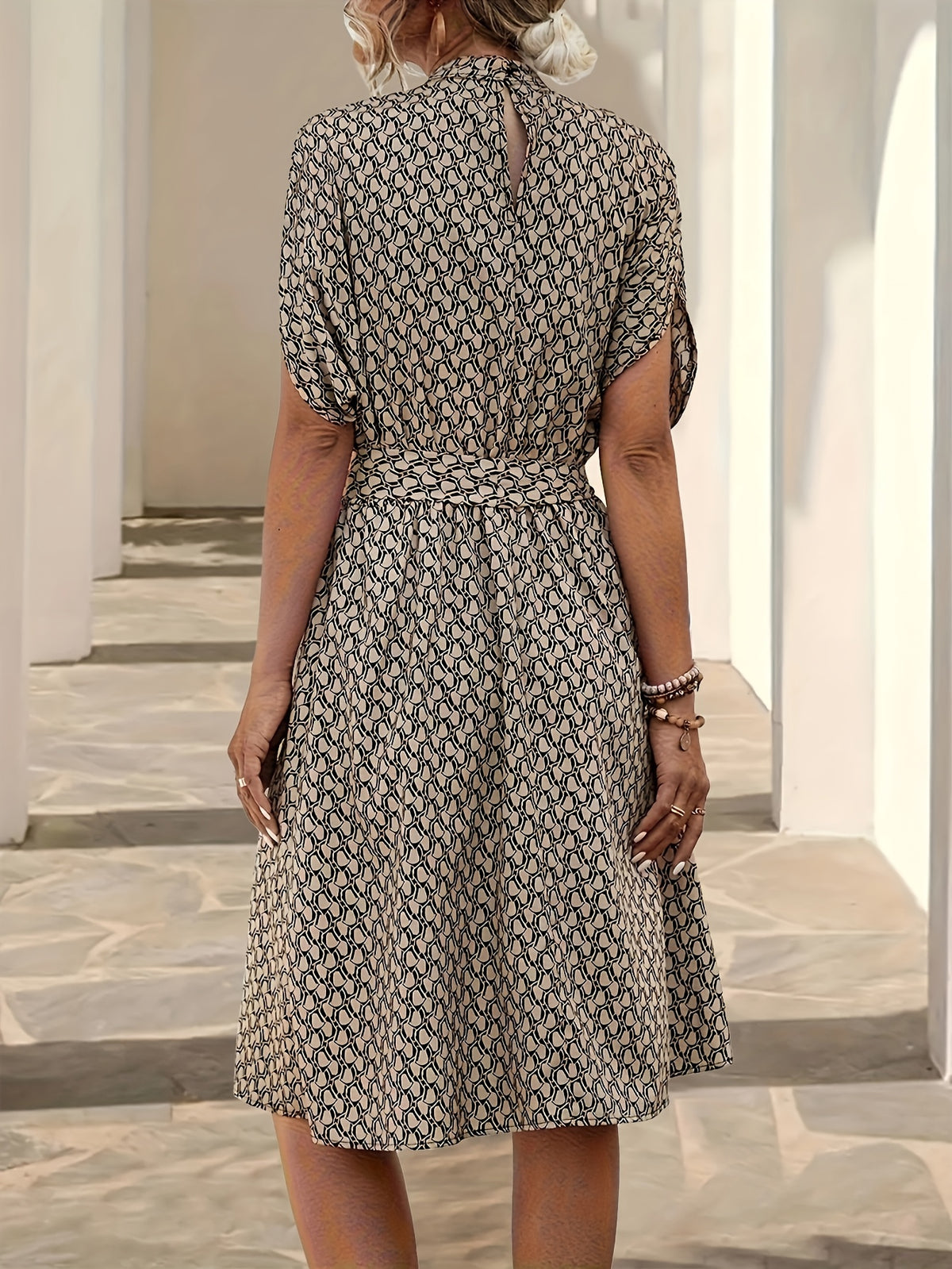 Women's Print Tent Dress Round Neck Tie Belt Short Sleeve Casual Spring Summer Knee Length S-XL