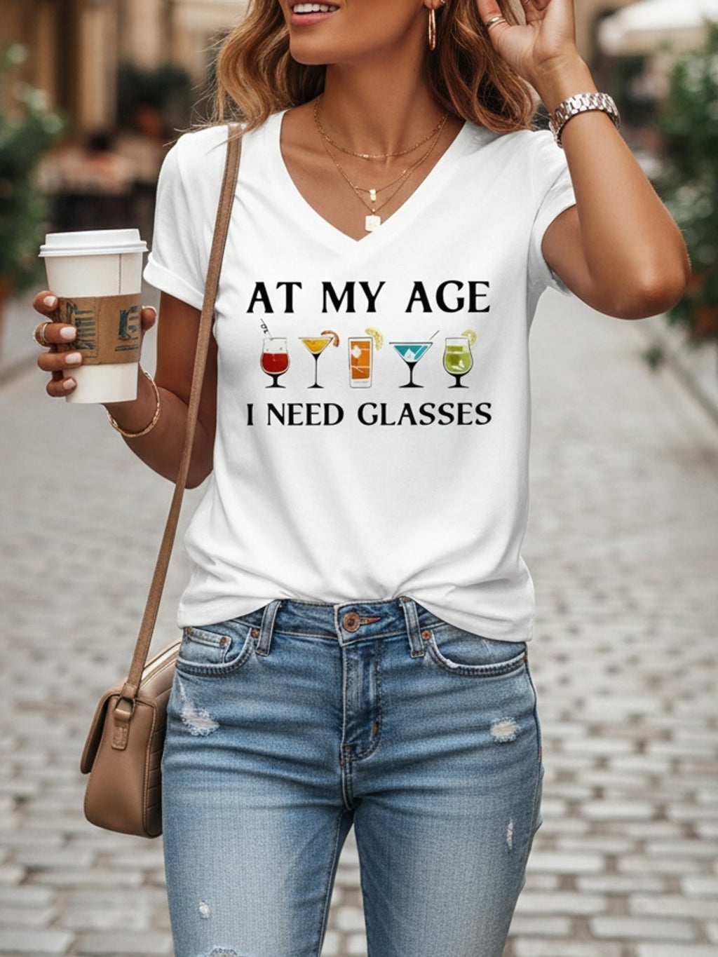 Funny Graphic T-Shirt Women White V-Neck Wine Glasses Humor Tee "At My Age I Need Glasses" S-XXL