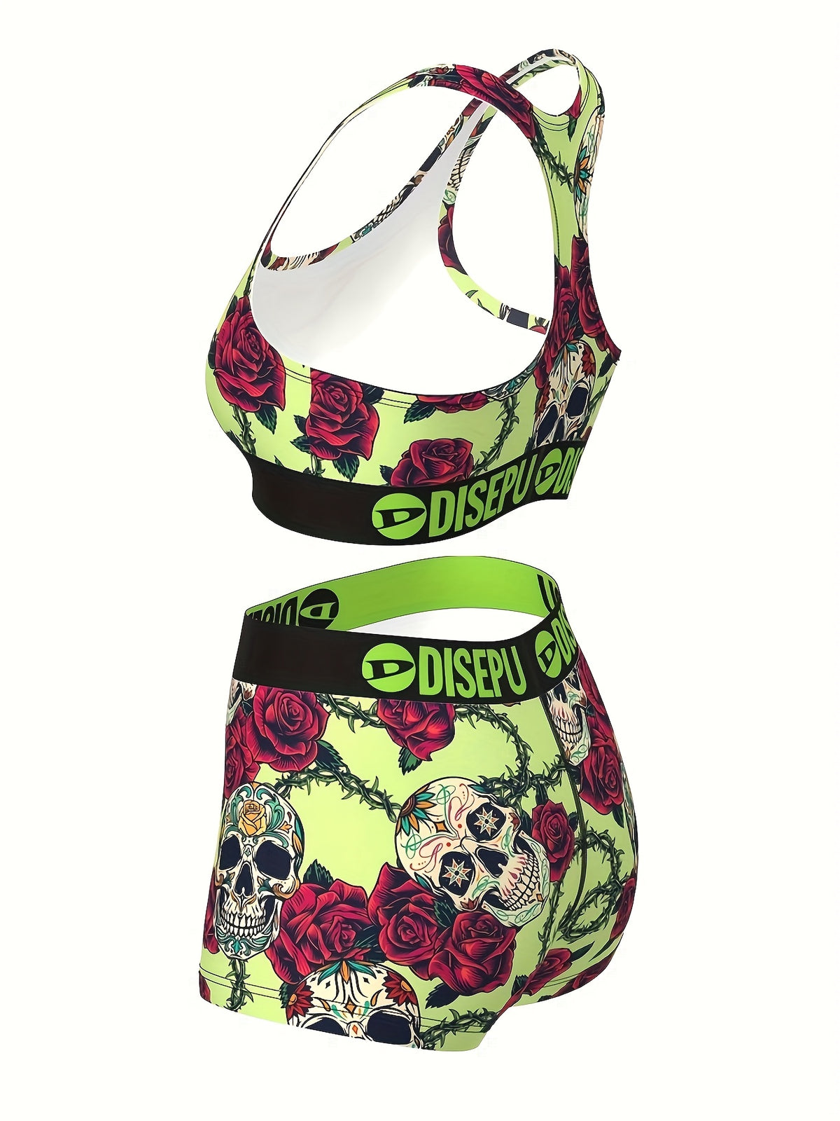 Skull & Rose Gothic 2-Piece Sports Bra & Shorts Set for Women – Neon Green High-Stretch Activewear for Gym, Yoga, Beach, Festival & Halloween Workout