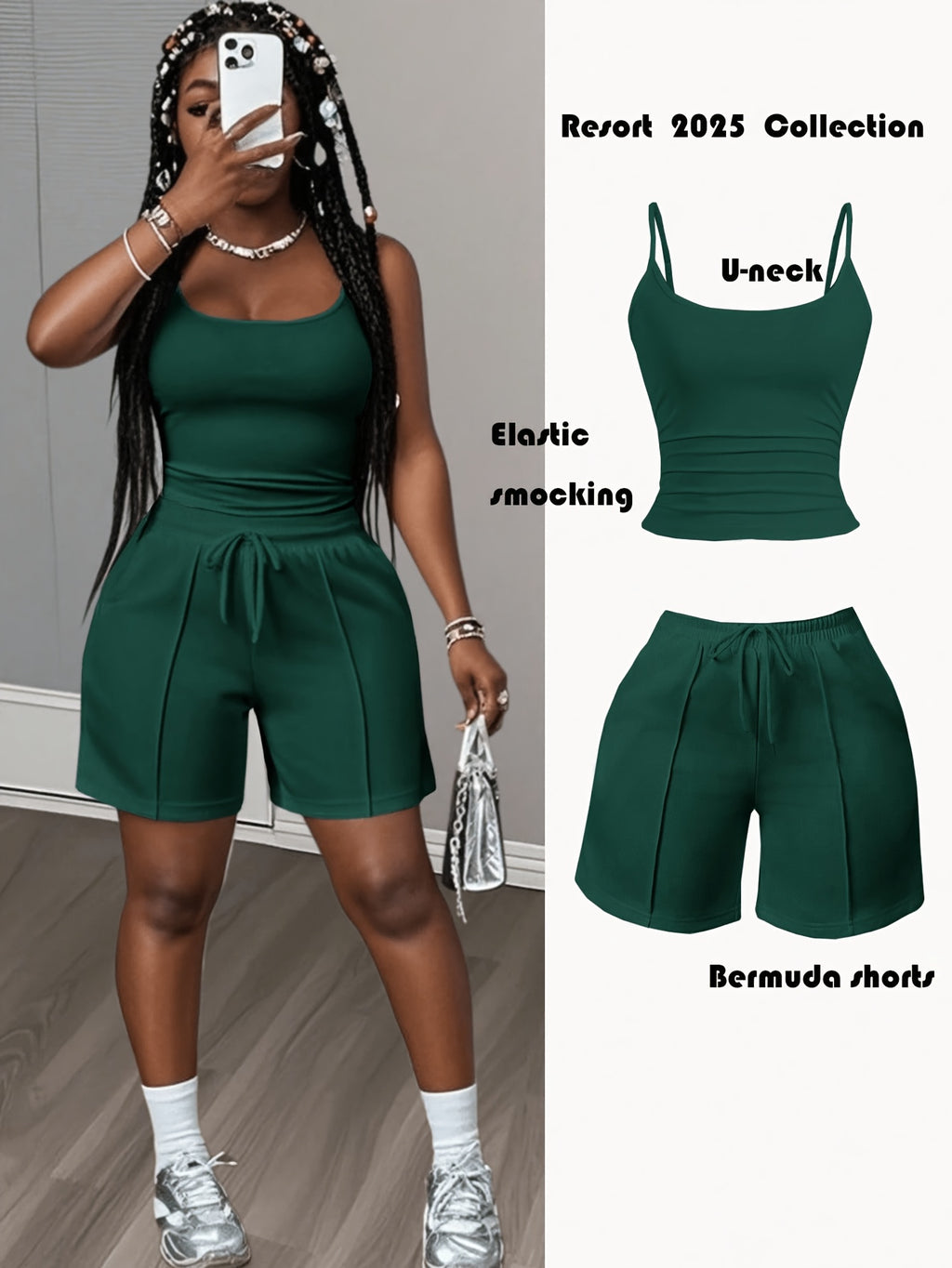 Cami Tank Top Sweat Shorts 2 Piece Set Women Slim Athletic Lounge Outfit Pockets Drawstring Athleisure Daily Wear S-XXL