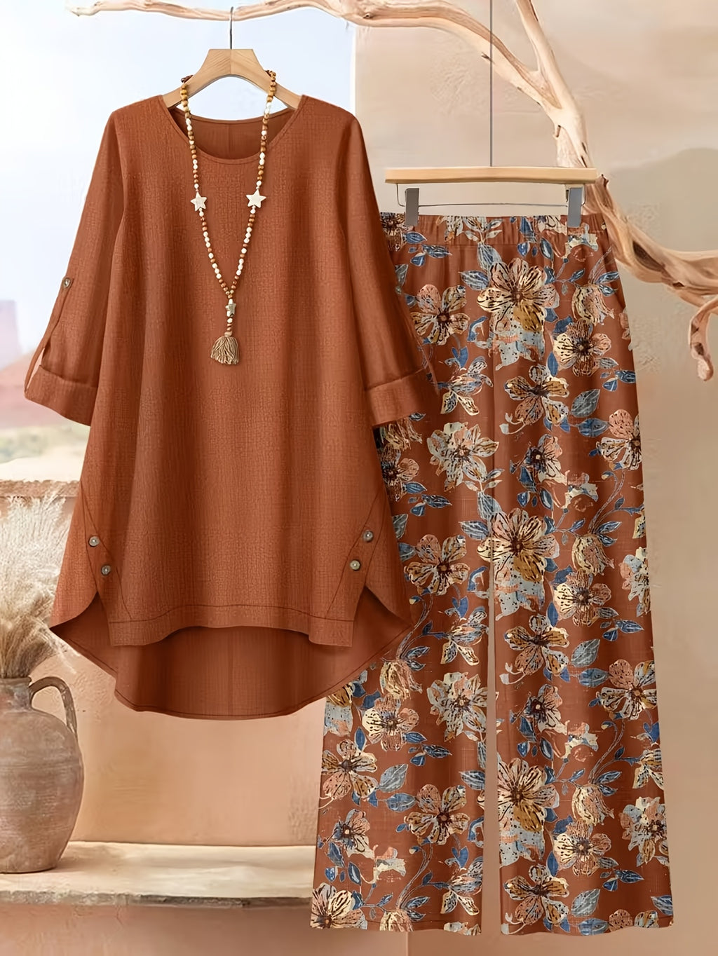 Women's Vintage Floral 2pcs Set Asymmetric Button Mid-Sleeve Top & Wide-Leg Pants Loose Casual Boho Autumn Winter Matching Outfit