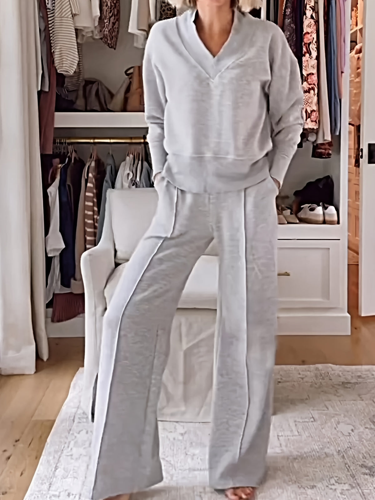 Women's 2 Piece Set V-Neck Long Sleeve Loose Top and Wide Leg Pants Casual Elegant Matching Outfit Spring Fall Fashion
