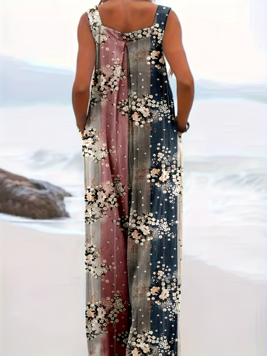 Print Loose Sleeveless Pantsuit for Women Square Collar Button Front Casual Summer Two-Piece Set