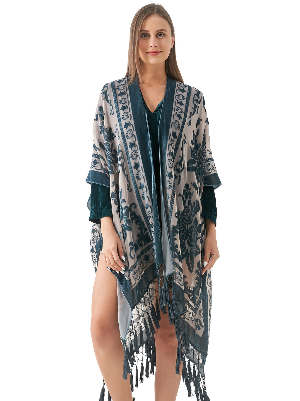 Boho Burnout Velvet Kimono Women Long Cardigan Cover Up Tassel Floral Embroidered One Size
