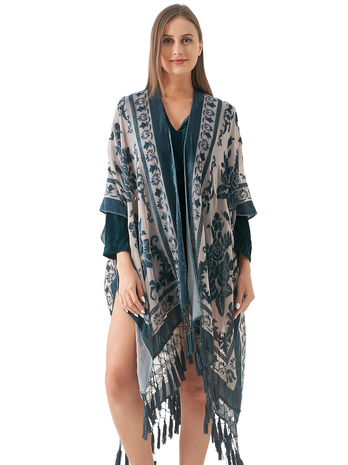 Boho Burnout Velvet Kimono Women Long Cardigan Cover Up Tassel Floral Embroidered One Size