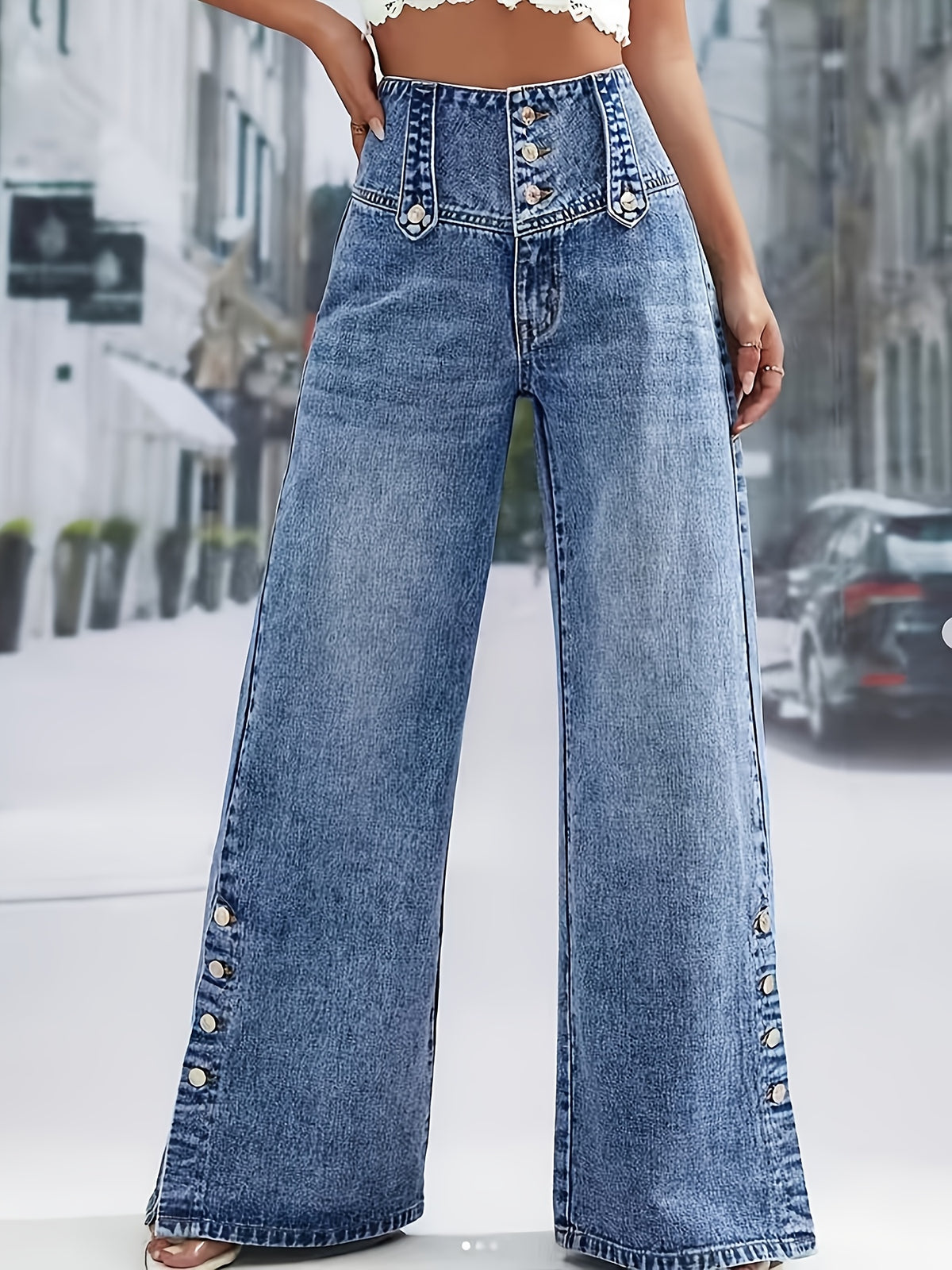 Wide-Leg Purple Jeans Women Adjustable Button Waist Mid-Rise Straight Casual Pants All-Season Travel Office