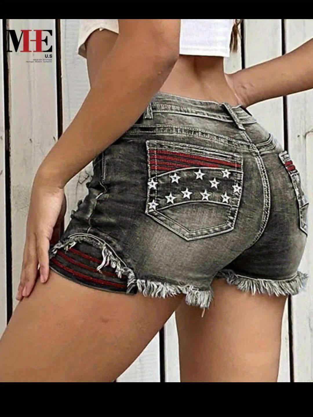 Women Star Striped American Flag Stretch Denim Shorts Patriotic Print Casual Summer Jean Shorts Grey XL