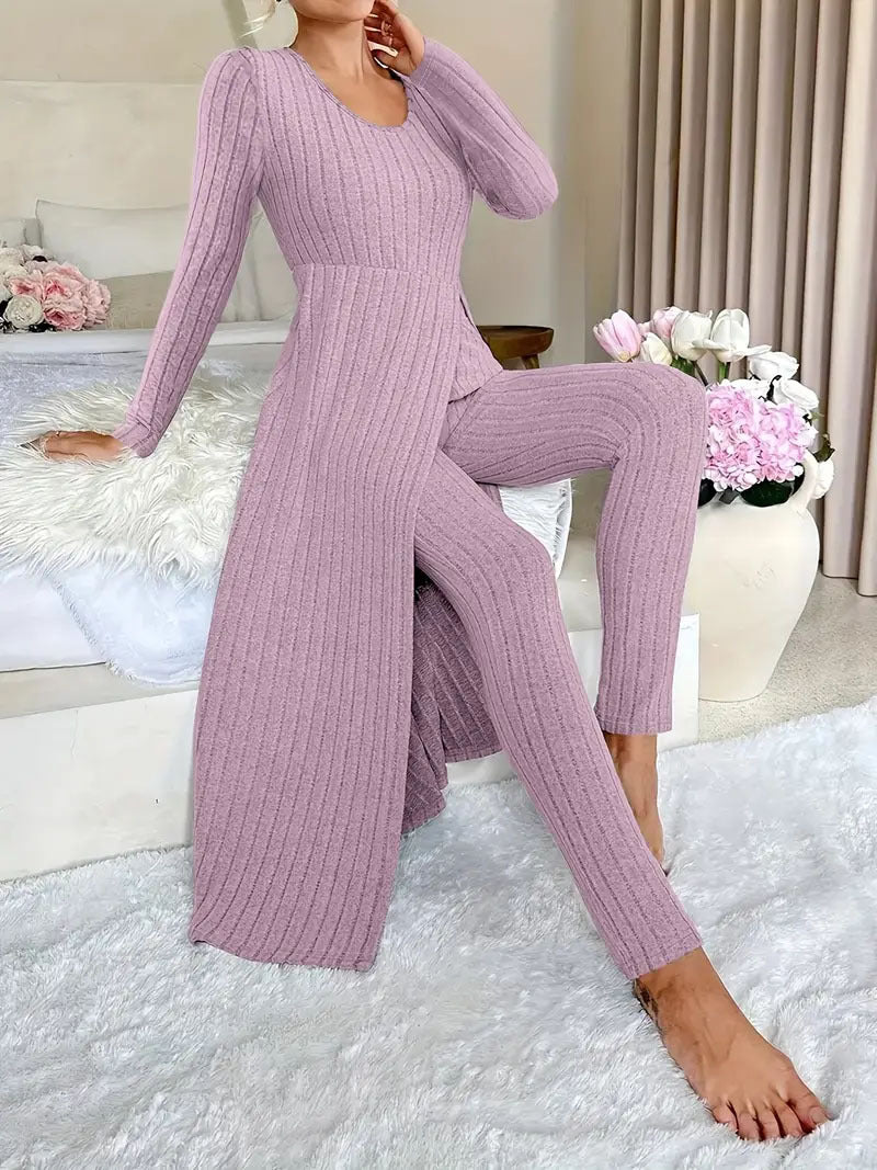 Heavyweight Fleece Lounge Set Women Oversized Long Sleeve Wide-Leg Pants Cozy Winter Two-Piece Ribbed Minimalist S-XL