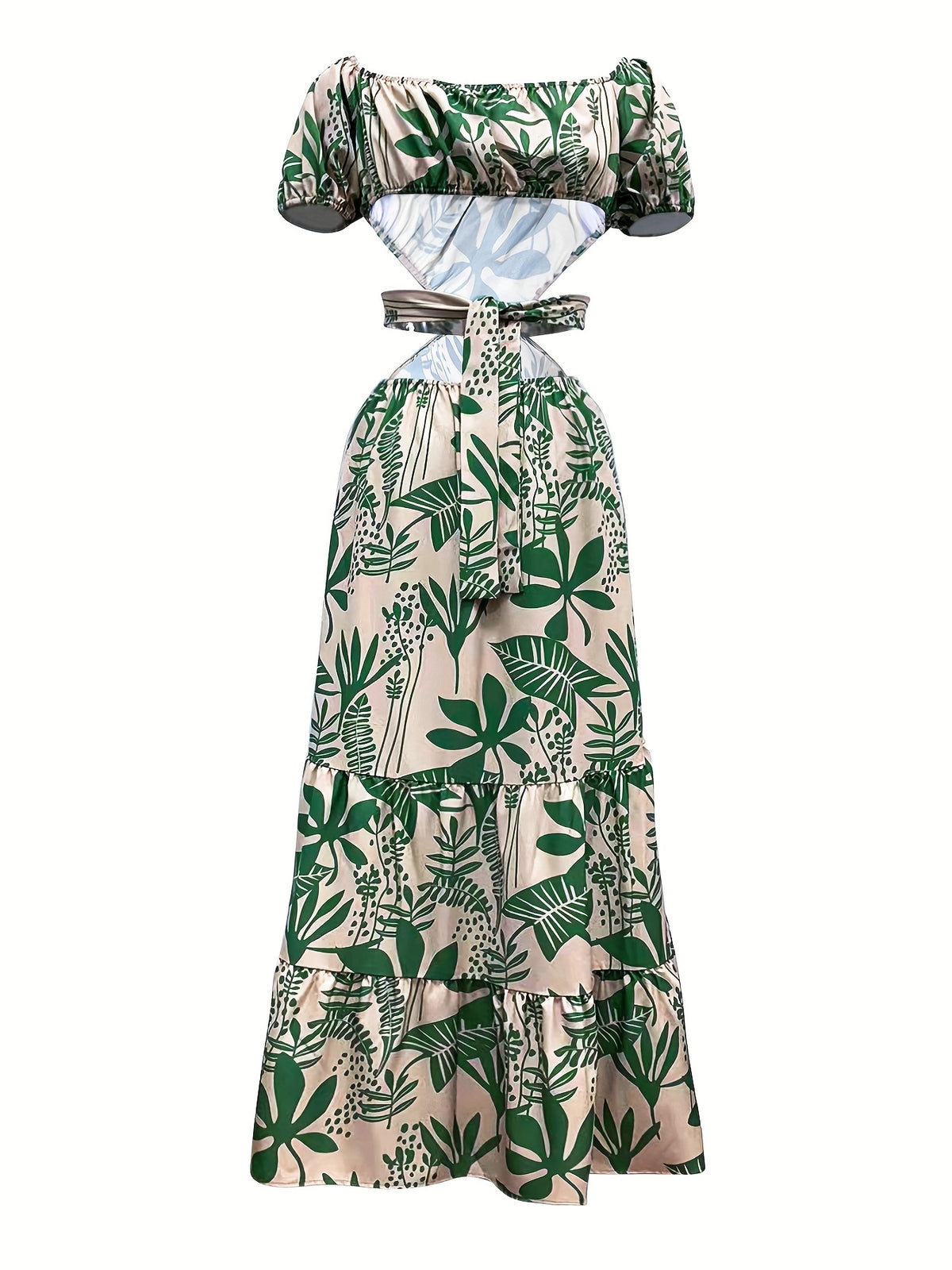 Ruffle Hem Print Maxi Dress Women Off Shoulder Lace-Up Tie Waist Split Sleeve Glossy Casual Summer Commuter Dress S-XXL