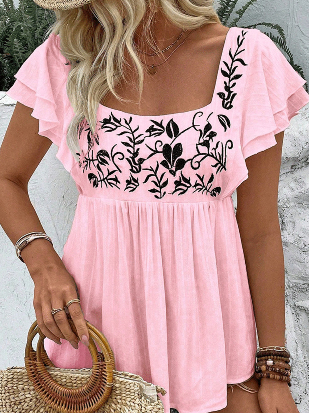 Embroidered Blouse Women Square Neck Lace Short Sleeve Ruffle Boho Floral Babydoll Loose Fit Casual Elegant Top S M L XL XXL