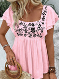 Embroidered Blouse Women Square Neck Lace Short Sleeve Ruffle Boho Floral Babydoll Loose Fit Casual Elegant Top S M L XL XXL
