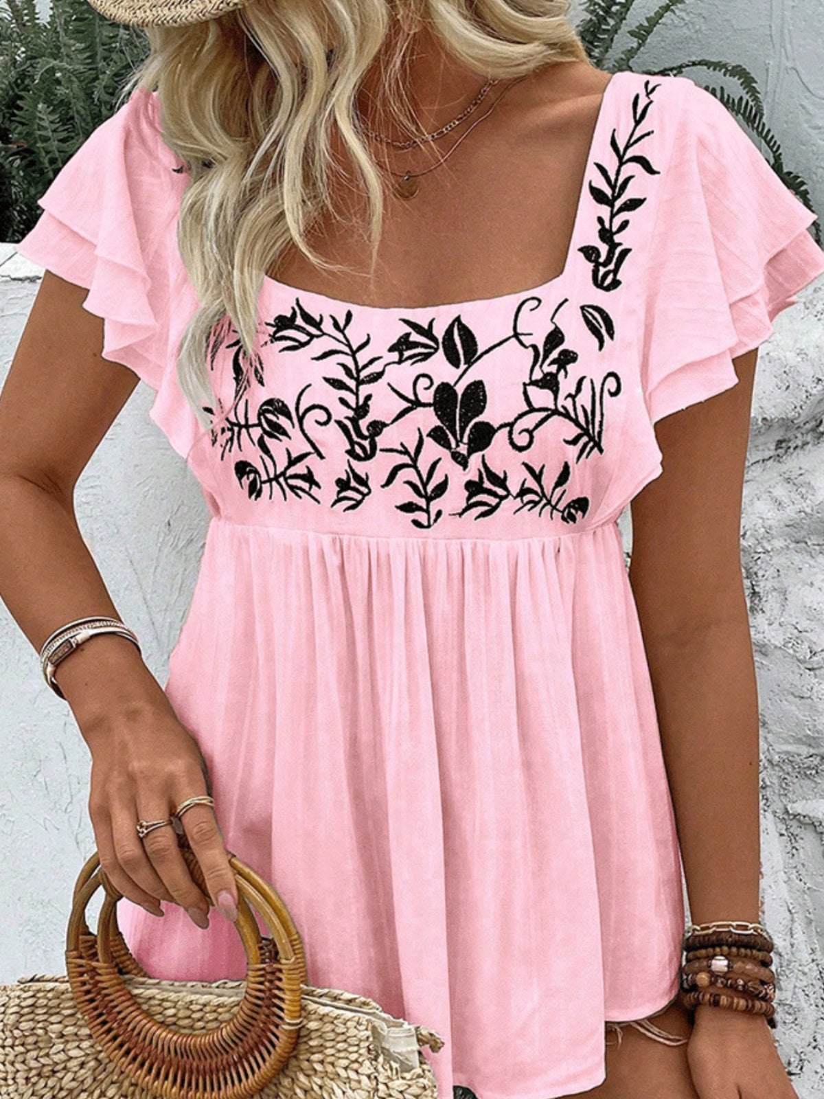 Embroidered Blouse Women Square Neck Lace Short Sleeve Ruffle Boho Floral Babydoll Loose Fit Casual Elegant Top S M L XL XXL