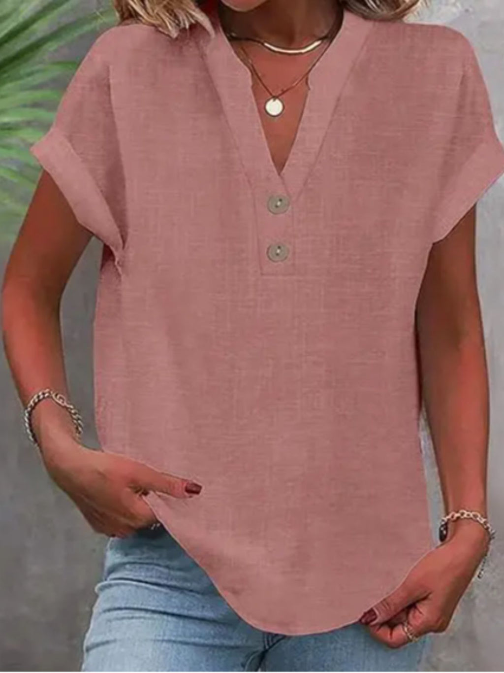V-Neck Button Placket Tee Women Solid Color Short Sleeve Casual Summer Top Lightweight Breathable 15 Colors S-XXL