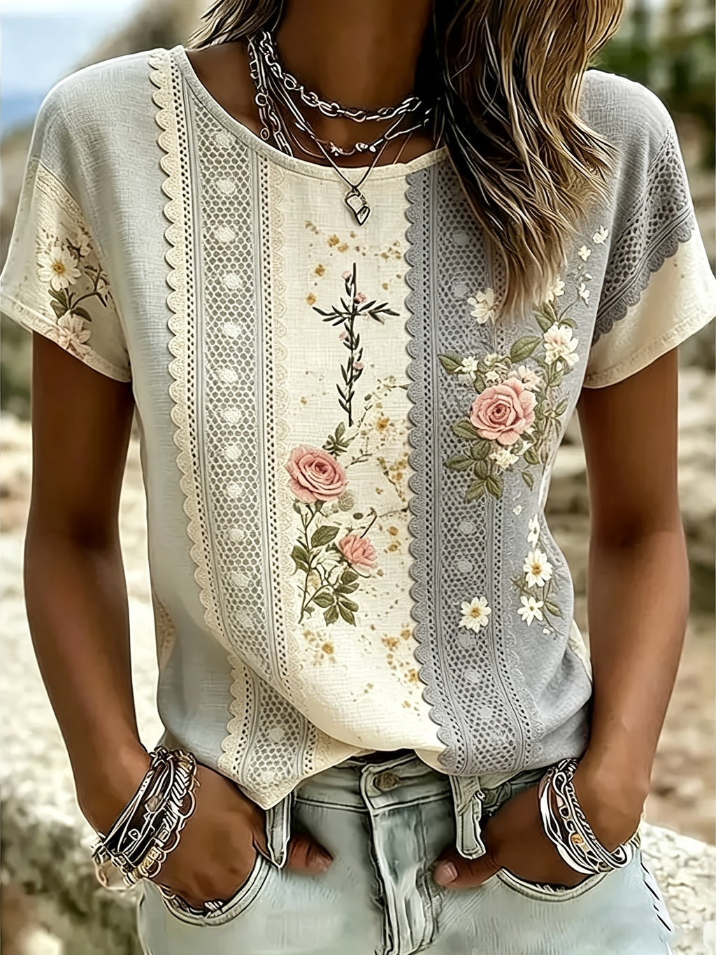 Y2K Geometric Allover Print Boho T-Shirt Women Loose Fit Short Sleeve Round Neck Floral Summer Top Soft Stretch Casual Party Daily Wear S-XXL