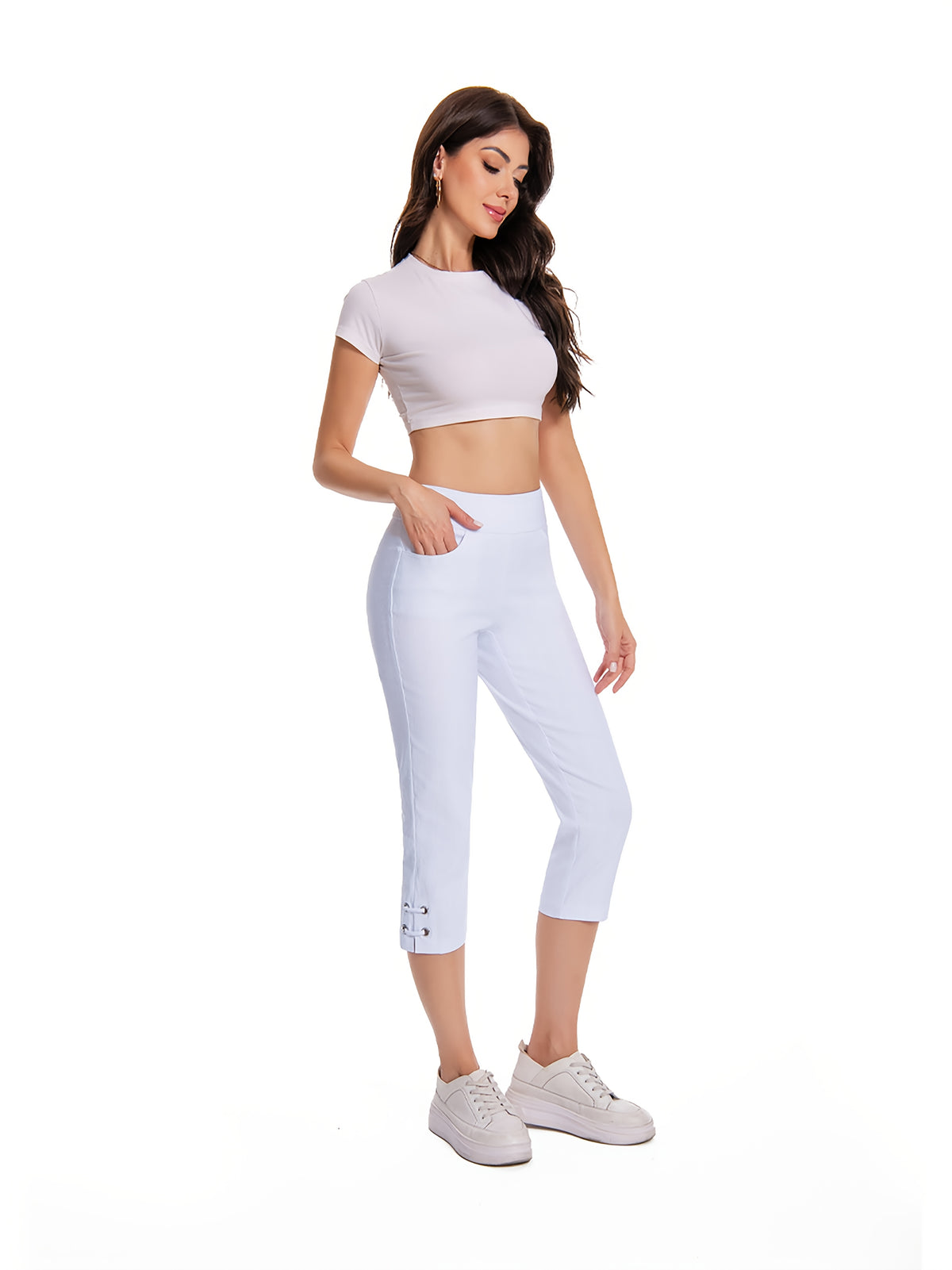 Linen Look Capri Pants Women Eyelet Hem Detail Bright Colors Casual Summer Slub Texture Breathable Lightweight Trousers S-XXL