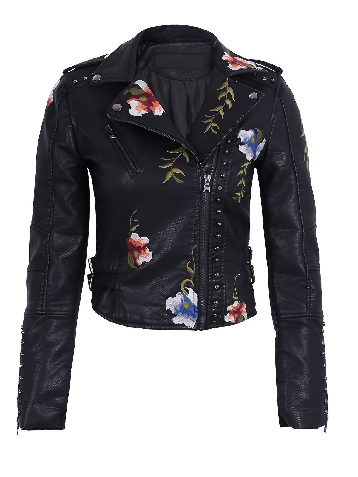 Floral Faux Leather Moto Jacket for Women PU Biker Coat Streetwear Casual Going Out