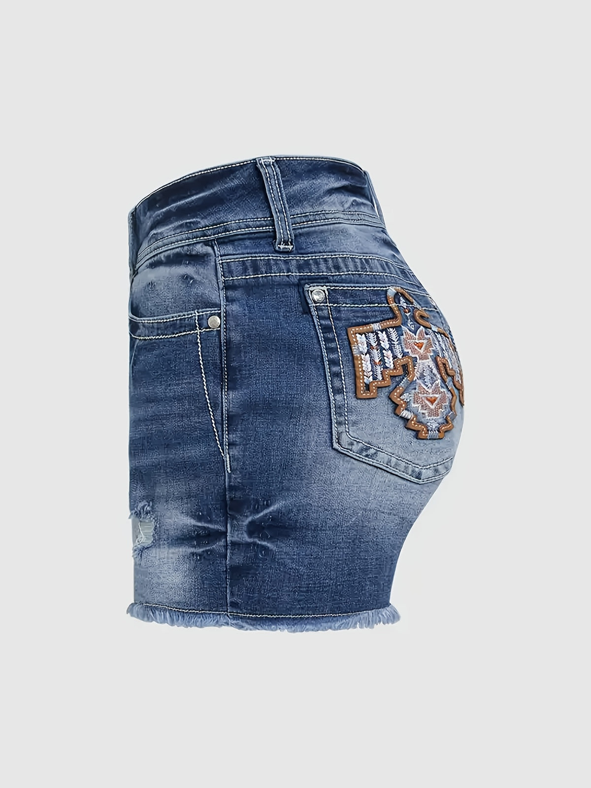 Stretch Denim Shorts for Women - Retro Color Block Embroidery Mid Rise Slim Fit, Built-In Zipper Machine Washable Cotton Blue Casual Jean Shorts for Spring Summer