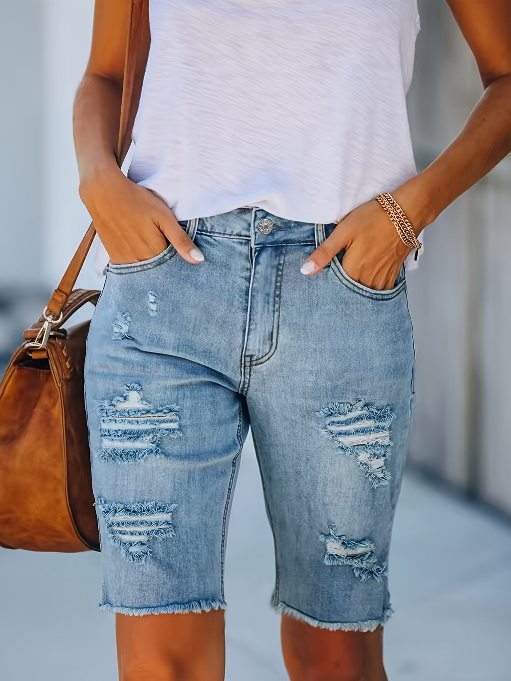 Western Wash Distressed Bermuda Denim Shorts Women Casual Loose Fit Knee Length Fashionable Versatile Jean Shorts Light Purple Light Blue