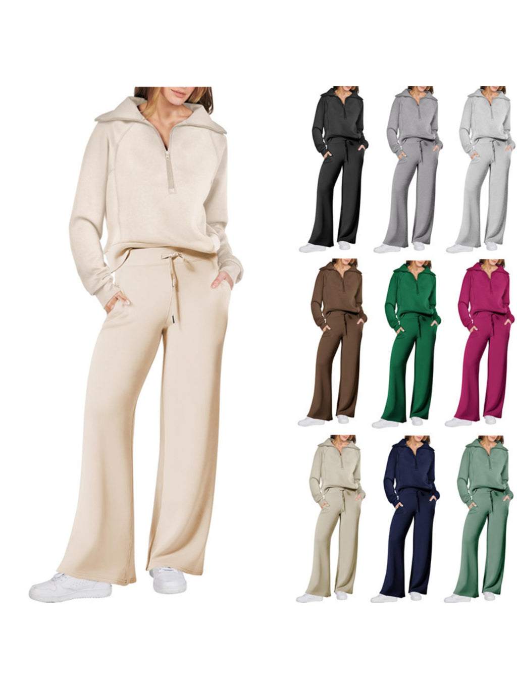 Zipper Sweatshirt Wide-Leg Pants 2 Piece Set Women Casual Tracksuit Outfit for Spring Fall - Loose Fit Jogger Co-ord Set