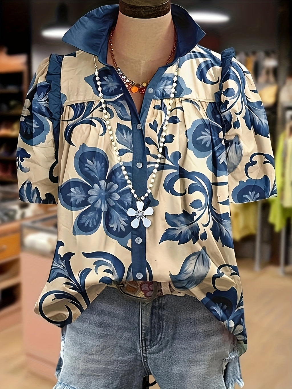 Women's Floral V-Neck Puff Sleeve Blouse Spring Summer Casual Top Multicolor S-XXL