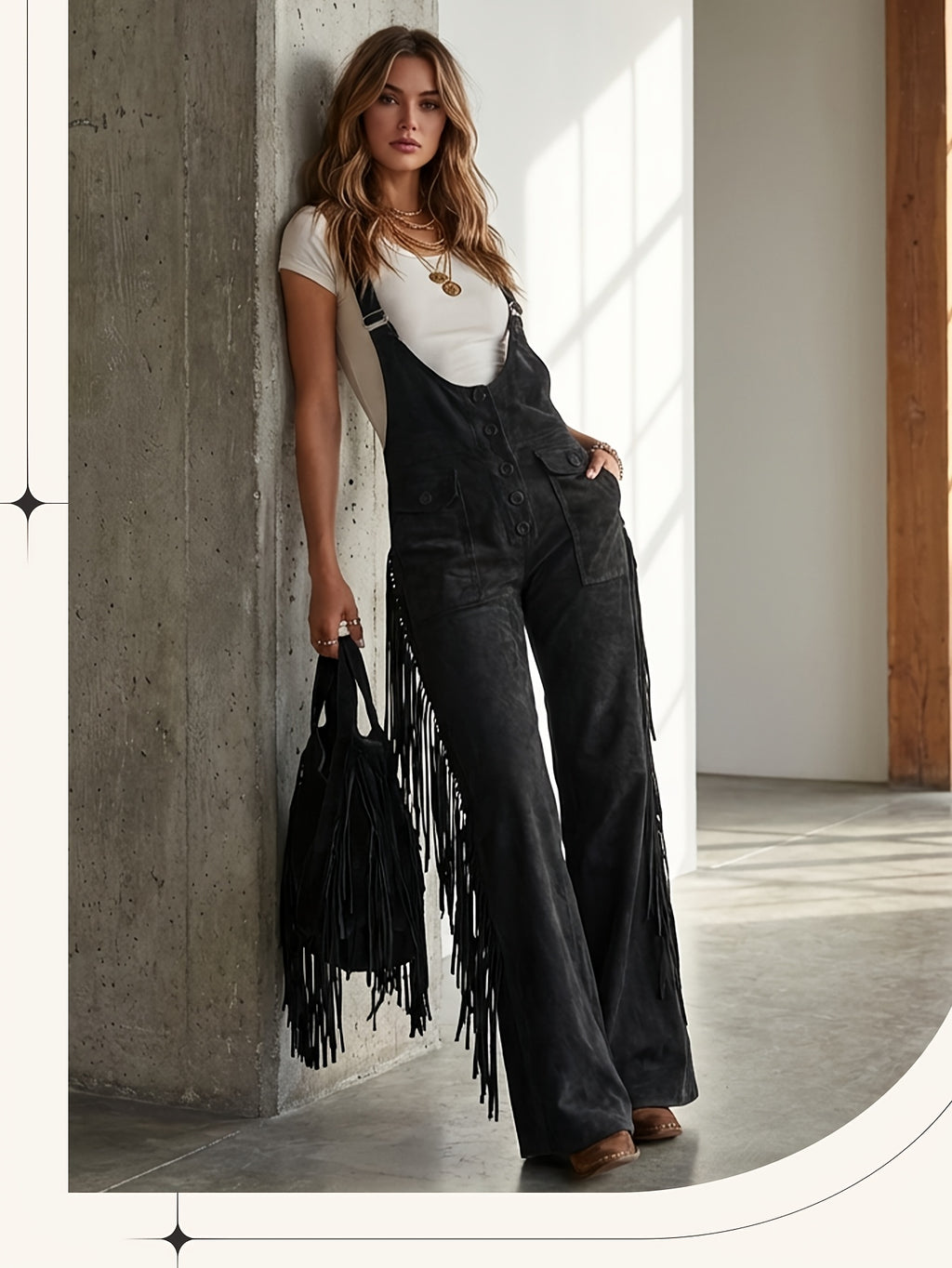 Vintage Fringe Overalls Women Wide Leg Loose Faux Suede Western Boho Festival Country Concert Halloween Costume Outfit