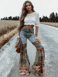 Women's Bohemian Patchwork High Waist Flare Pants Vintage Casual Wide Leg Bell Bottom Trousers S-XXL