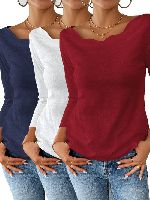 3-Pack White Long Sleeve Shoulderless Tops Women Curved Wavy Neckline Loose Casual Fit | Spring Summer Fall