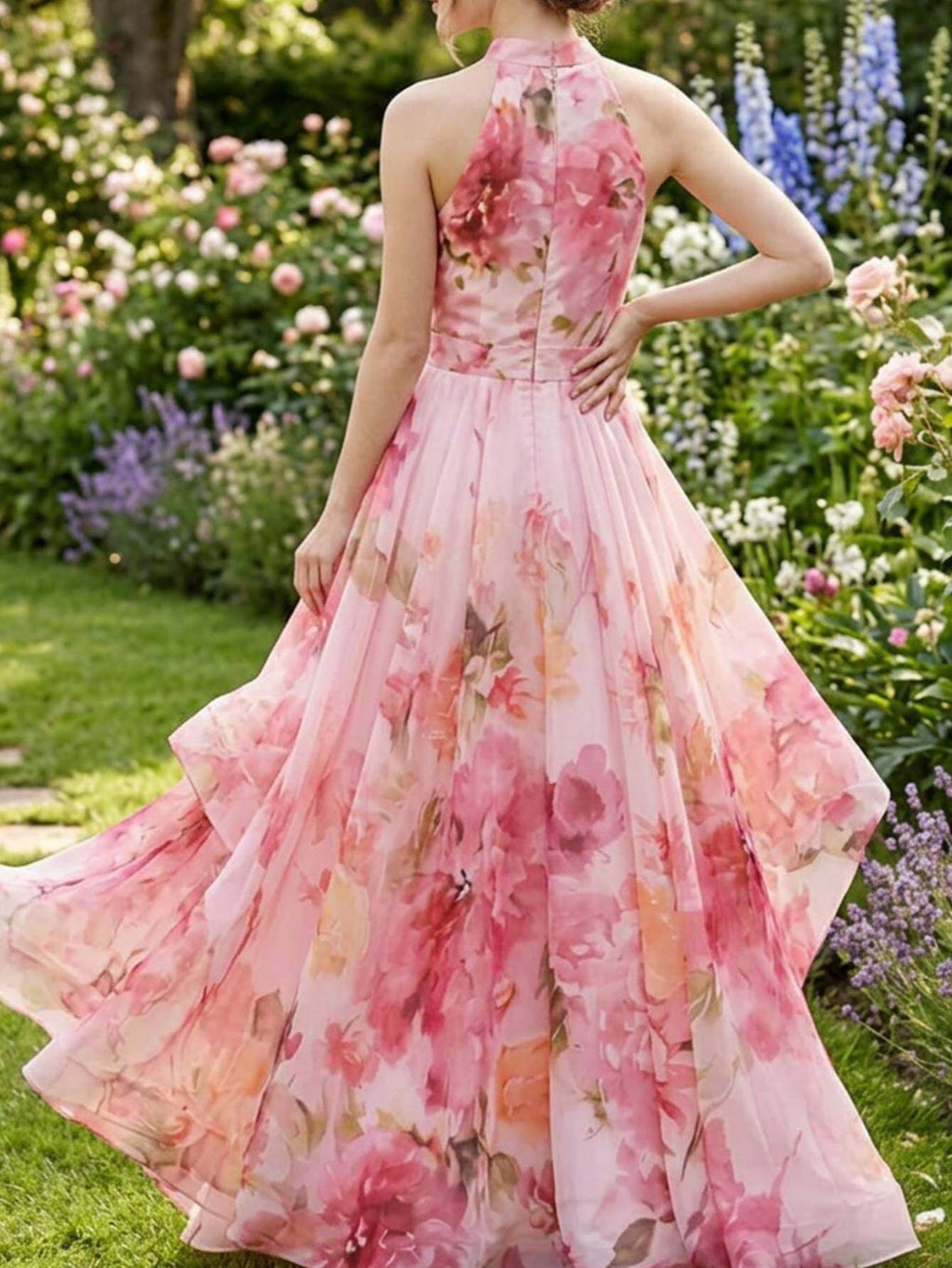 Women's Halter Neck Pink Watercolor Floral Maxi Dress Tie-Waist Flowy Boho Gown for Wedding Vacation Spring Summer