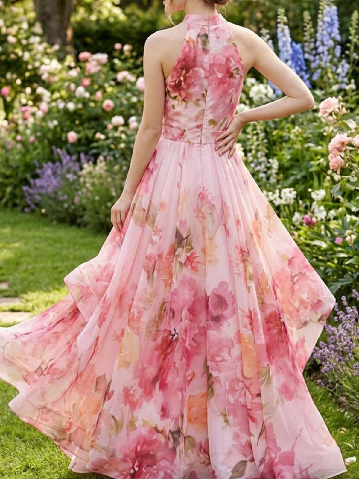 Halter Neck Floral Maxi Dress Women Boho Tie Waist Flowy Gown Wedding Vacation Spring Summer Pink Watercolor Print Elegant French Bohemian